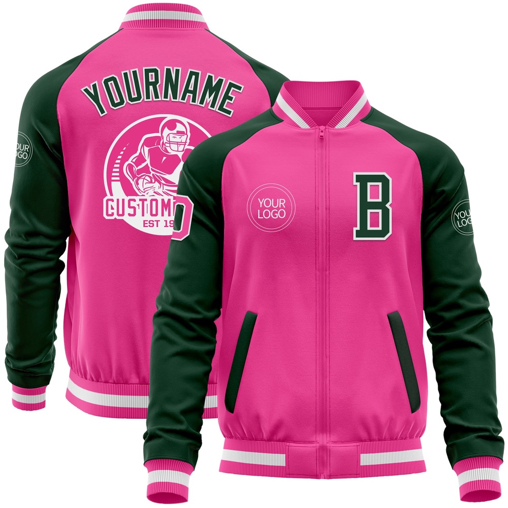 Custom Pink White Green Bomber Varsity Baseball Jacket, Custom Team Jacket