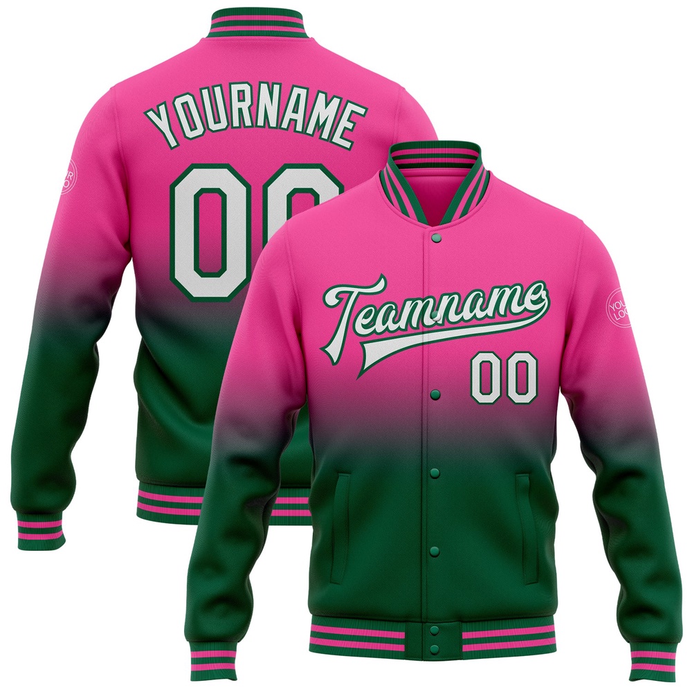 Custom Pink White Kelly Green Bomber Full Snap Baseball Jacket, Custom Team Jacket