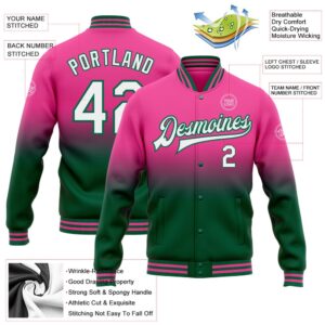 Custom Pink White Kelly Green Bomber Full Snap Baseball Jacket Custom Team Jacket 2 kamvgx.jpg