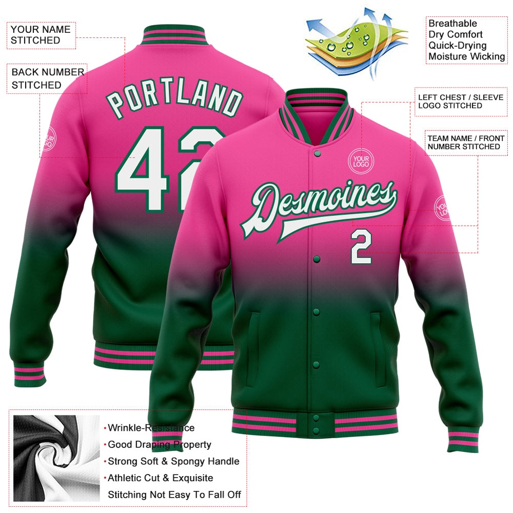 Custom Pink White Kelly Green Bomber Full Snap Baseball Jacket, Custom Team Jacket