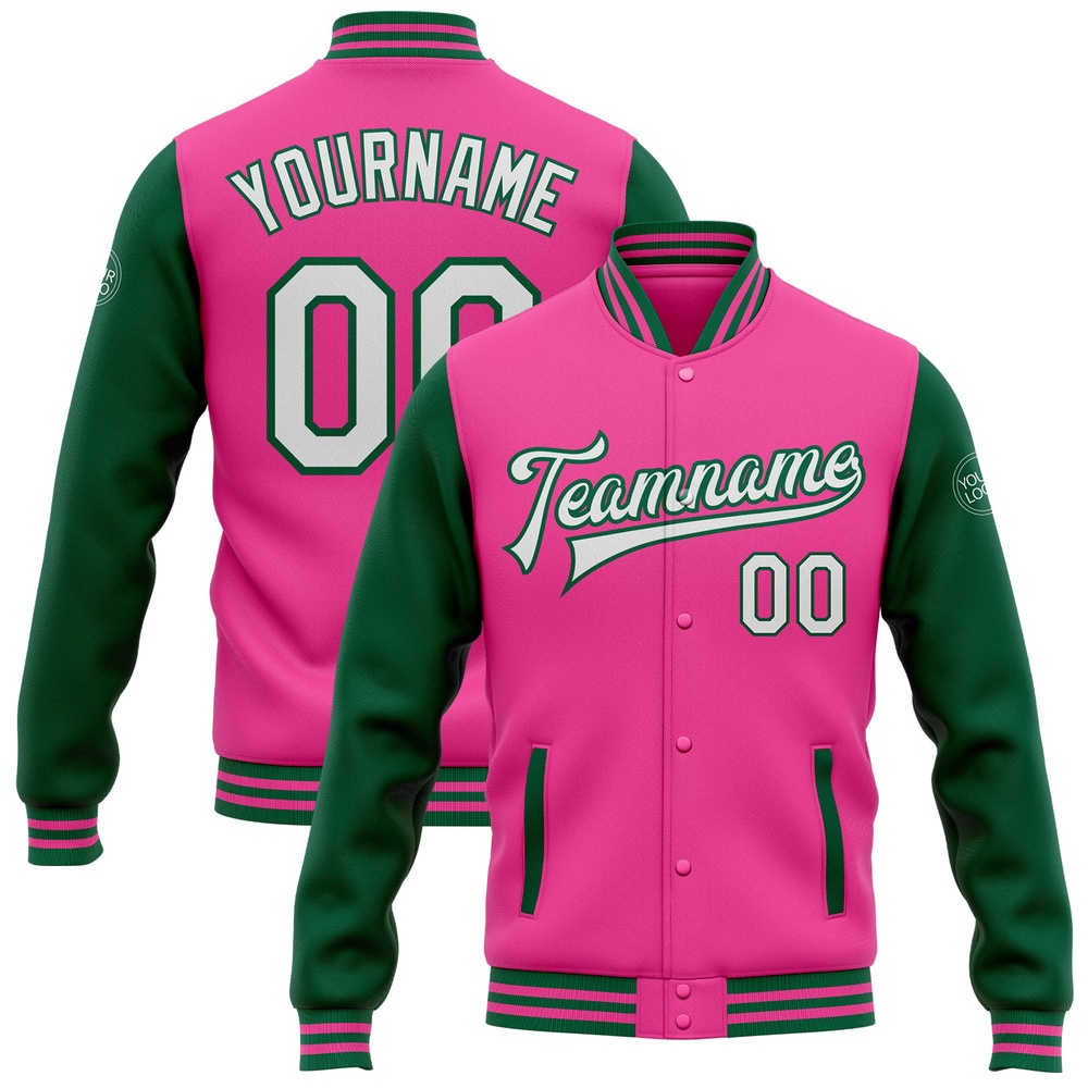 Custom Pink White Kelly Green Bomber Full Snap Varsity Baseball Jacket, Custom Team Jacket