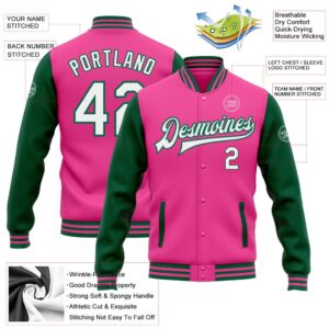 Custom Pink White Kelly Green Bomber Full Snap Varsity Baseball Jacket Custom Team Jacket 2 ghb73j.jpg