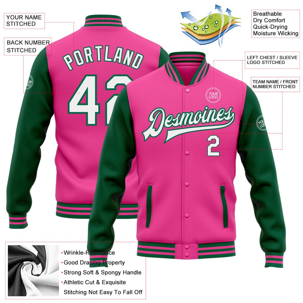 Custom Pink White Kelly Green Bomber Full Snap Varsity Baseball Jacket, Custom Team Jacket