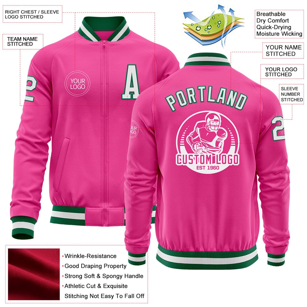 Custom Pink White Kelly Green Bomber Varsity Letterman Zipper Jacket, Custom Team Jacket