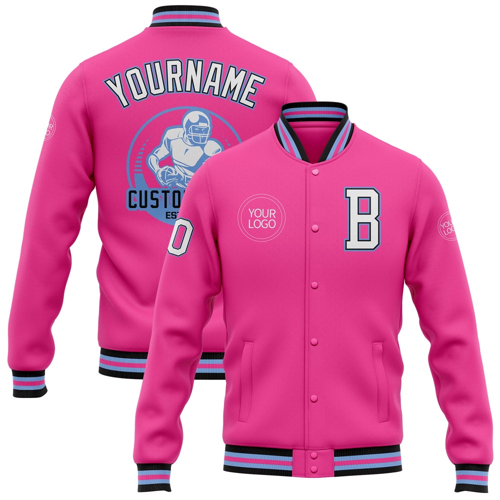 Custom Pink White Light Blue Black Bomber Full Snap Baseball Jacket, Custom Team Jacket