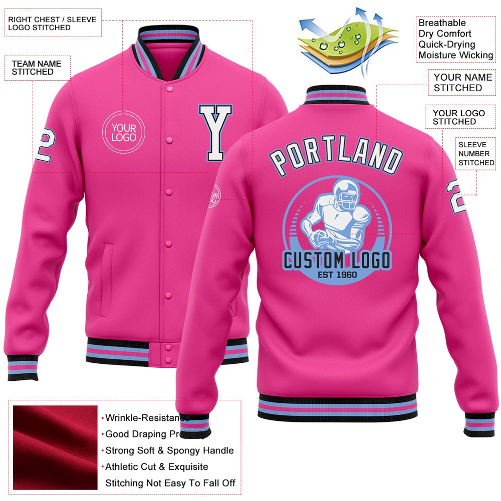 Custom Pink White Light Blue Black Bomber Full Snap Baseball Jacket, Custom Team Jacket