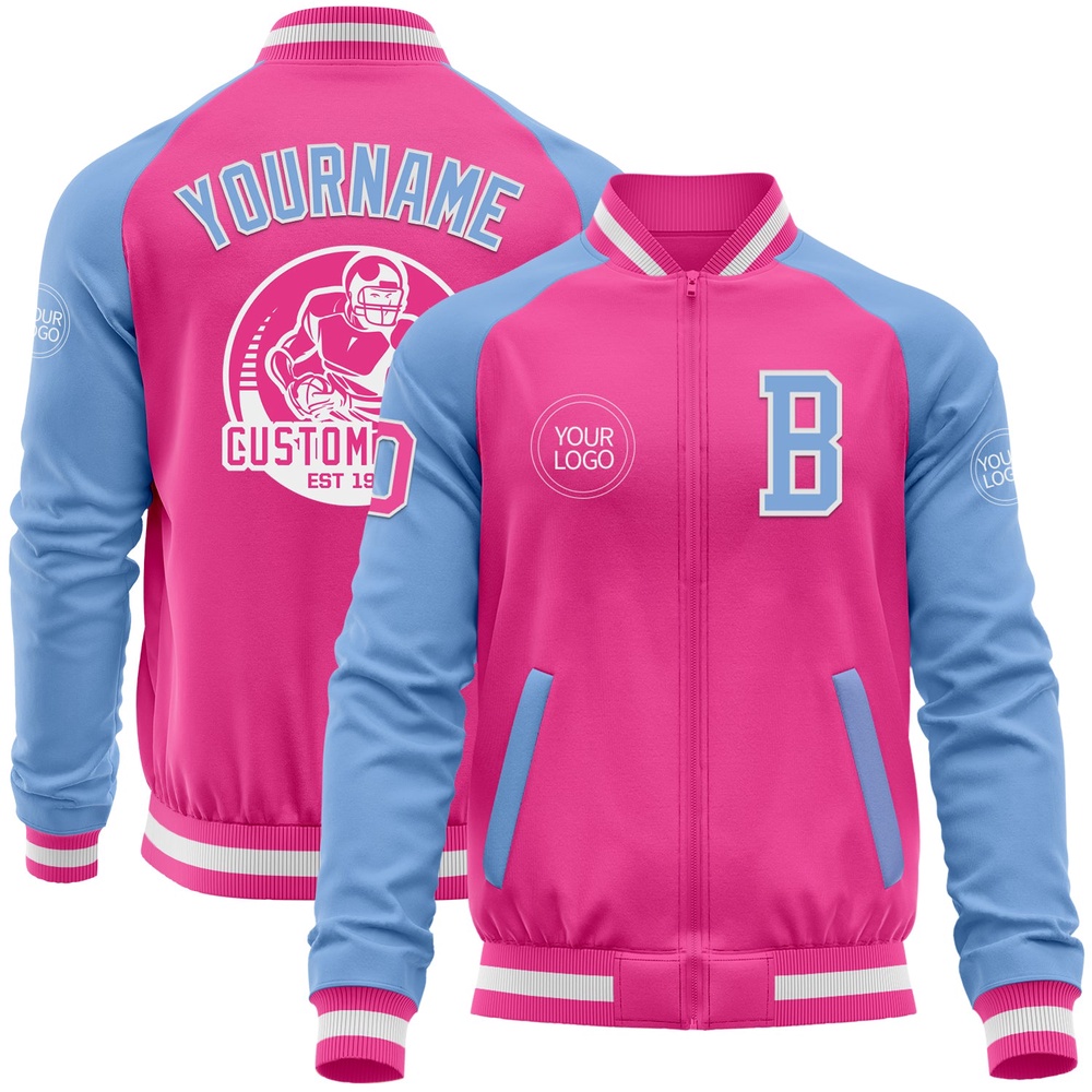 Custom Pink White Light Blue Bomber Varsity Baseball Jacket, Custom Team Jacket