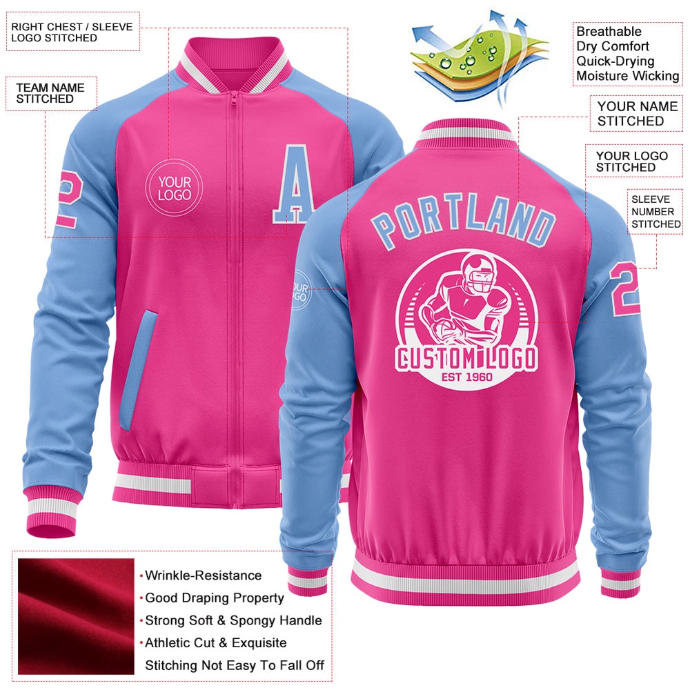 Custom Pink White Light Blue Bomber Varsity Baseball Jacket, Custom Team Jacket