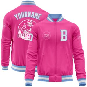 Custom Pink White Light Blue Bomber Varsity…