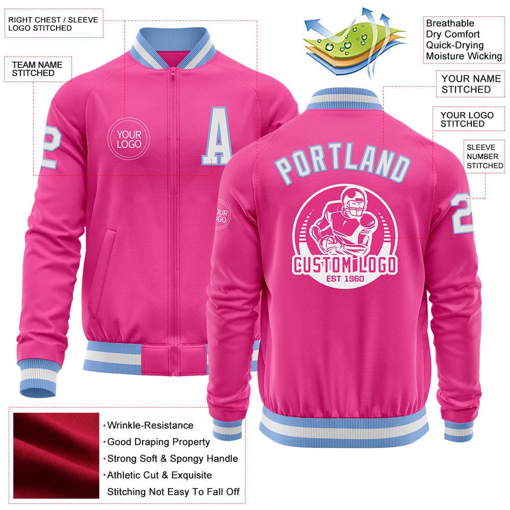 Custom Pink White Light Blue Bomber Varsity Letterman Zipper Jacket, Custom Team Jacket