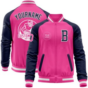 Custom Pink White Navy Bomber Varsity Baseball…