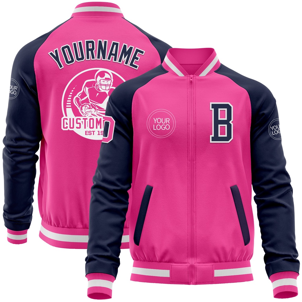 Custom Pink White Navy Bomber Varsity Baseball Jacket, Custom Team Jacket Custom Pink White Navy Bomber Varsity Baseball Jacket, Custom Team Jacket
