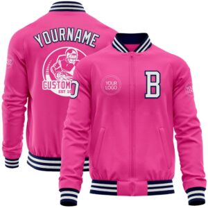 Custom Pink White Navy Bomber Varsity Letterman…