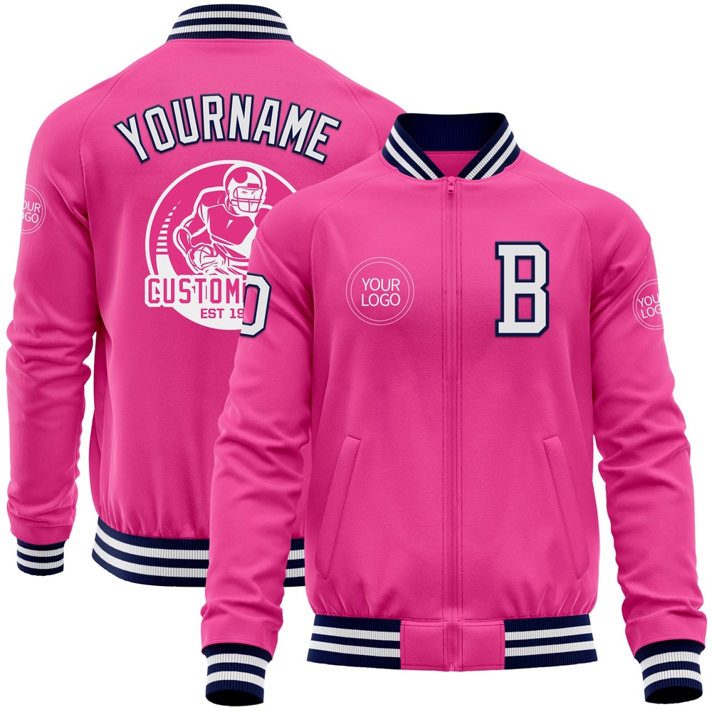 Custom Pink White Navy Bomber Varsity Letterman Zipper Jacket, Custom Team Jacket