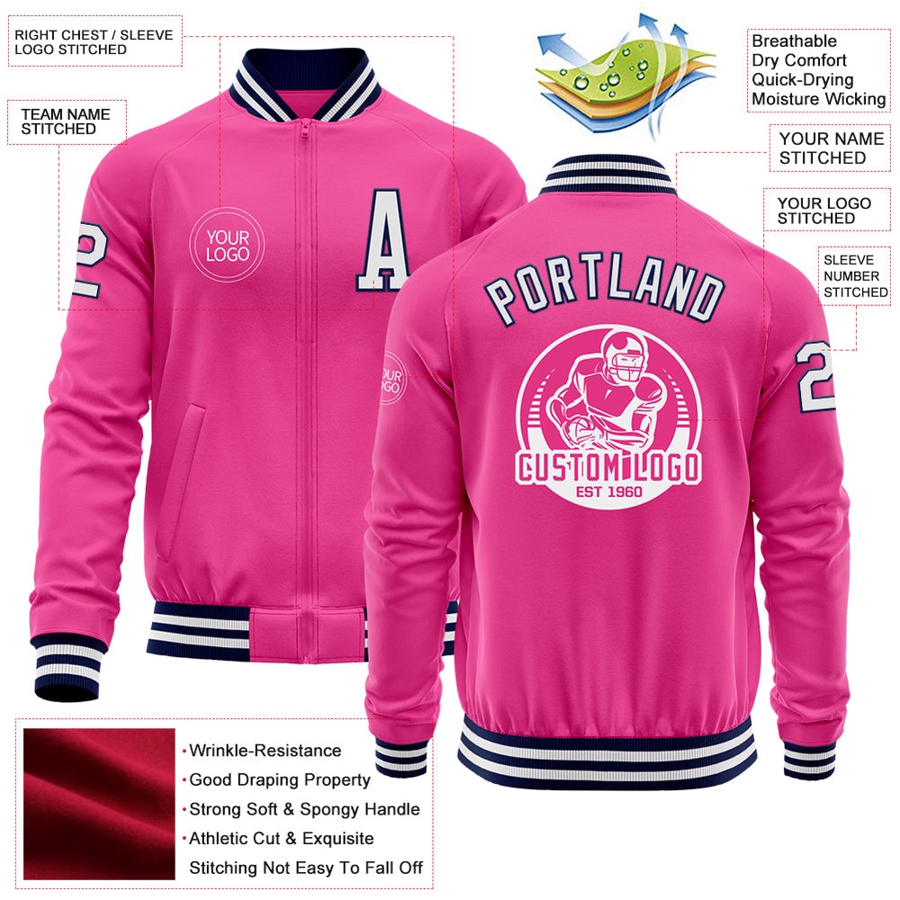 Custom Pink White Navy Bomber Varsity Letterman Zipper Jacket, Custom Team Jacket
