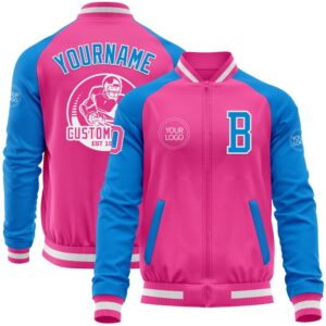 Custom Pink White Powder Blue Bomber Varsity…