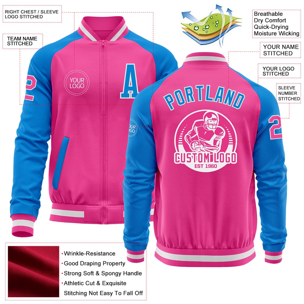 Custom Pink White Powder Blue Bomber Varsity Baseball Jacket, Custom Team Jacket Custom Pink White Powder Blue Bomber Varsity Baseball Jacket, Custom Team Jacket