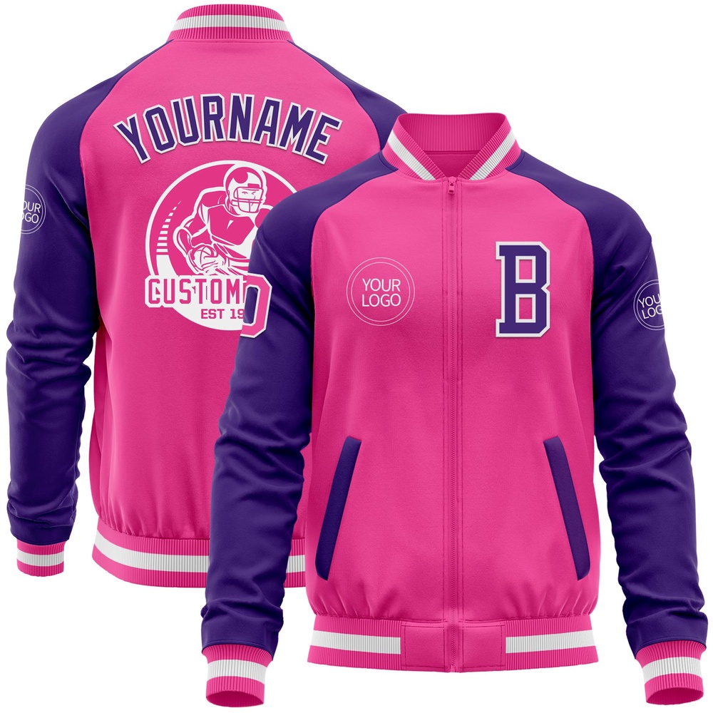 Custom Pink White Purple Bomber Varsity Baseball Jacket, Custom Team Jacket Custom Pink White Purple Bomber Varsity Baseball Jacket, Custom Team Jacket