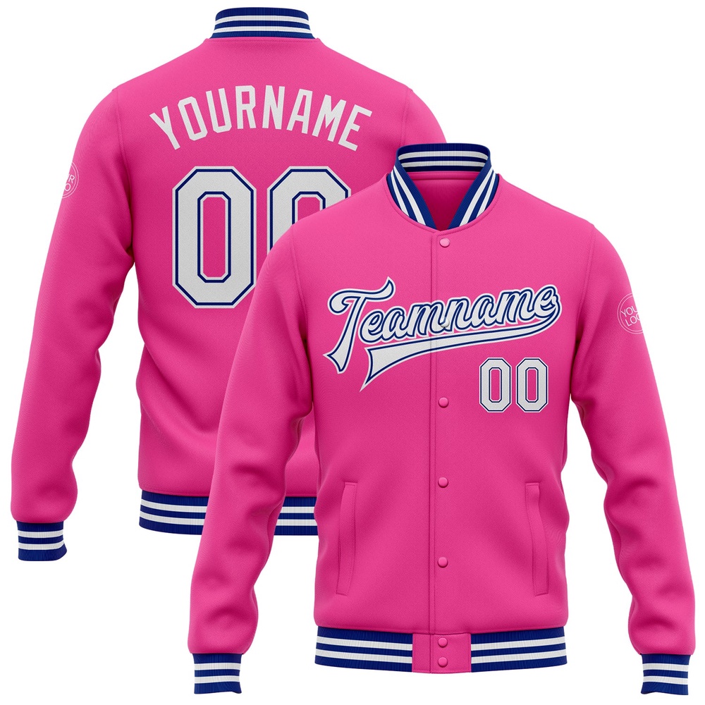 Custom Pink White Royal Bomber Full Snap Baseball Jacket, Custom Team Jacket Custom Pink White Royal Bomber Full Snap Baseball Jacket, Custom Team Jacket
