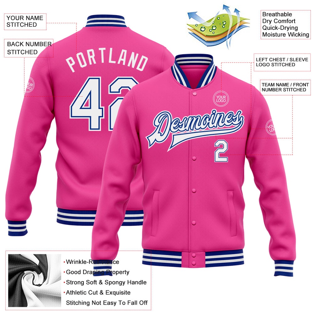 Custom Pink White Royal Bomber Full Snap Baseball Jacket, Custom Team Jacket Custom Pink White Royal Bomber Full Snap Baseball Jacket, Custom Team Jacket