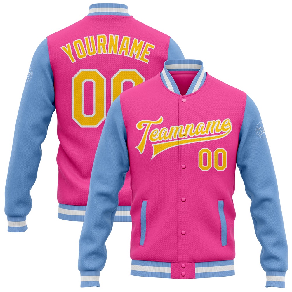 Custom Pink Yellow Light Blue Bomber Full Snap Varsity Baseball Jacket, Custom Team Jacket Custom Pink Yellow Light Blue Bomber Full Snap Varsity Baseball Jacket, Custom Team Jacket