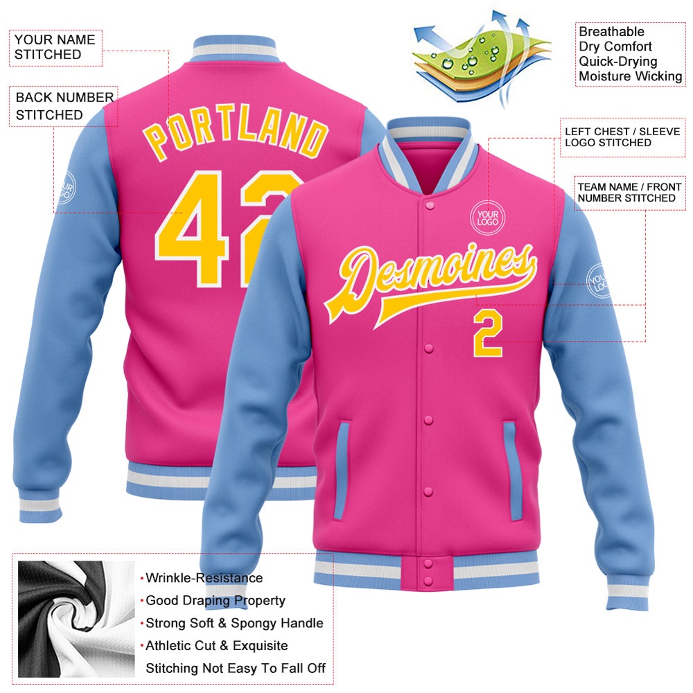 Custom Pink Yellow Light Blue Bomber Full Snap Varsity Baseball Jacket, Custom Team Jacket Custom Pink Yellow Light Blue Bomber Full Snap Varsity Baseball Jacket, Custom Team Jacket