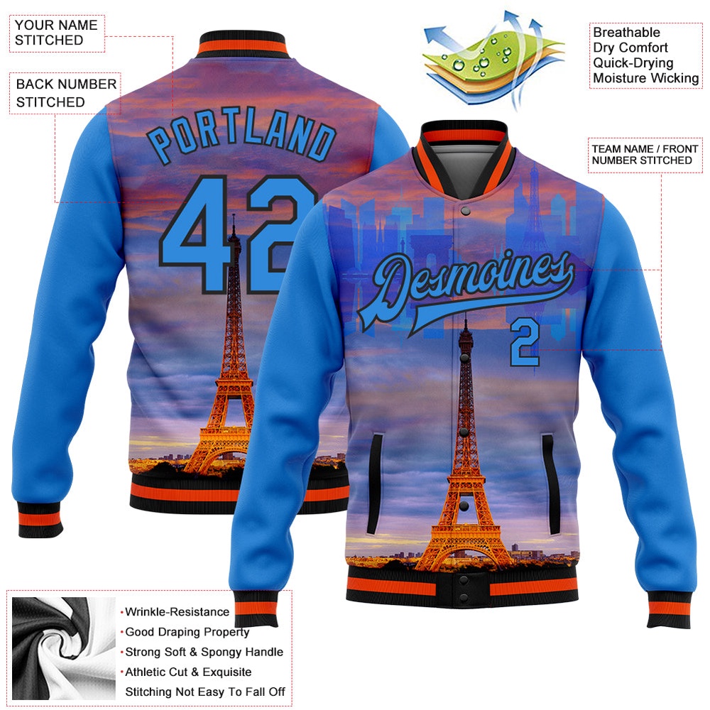 Custom Powder Blue Black Orange Eiffel Tower Paris France City Edition 3D Bomber Full Snap Baseball Jacket, Custom Team Jacket Custom Powder Blue Black Orange Eiffel Tower Paris France City Edition 3D Bomber Full Snap Baseball Jacket, Custom Team Jacket
