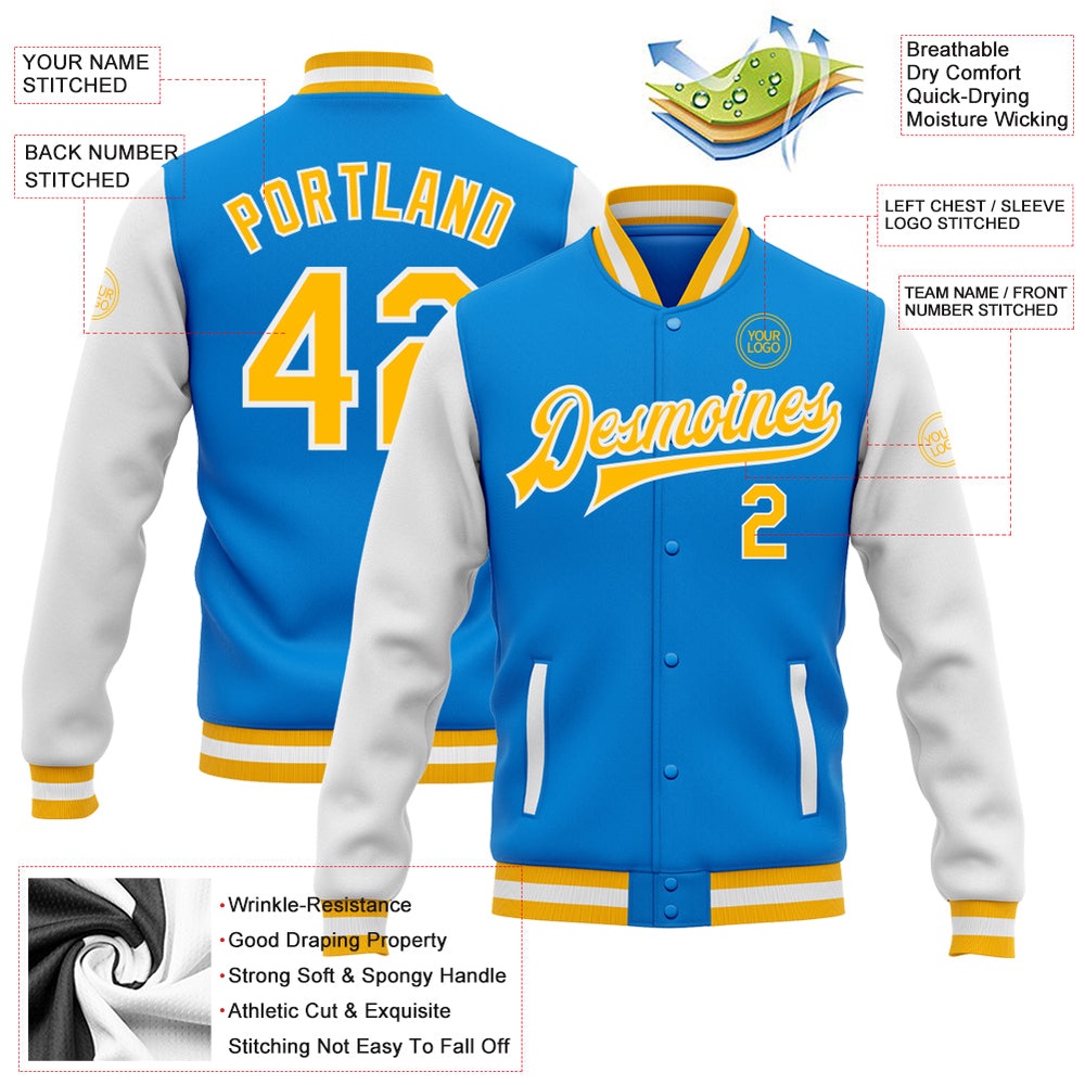 Custom Powder Blue Gold White Bomber Full Snap Varsity Baseball Jacket, Custom Team Jacket Custom Powder Blue Gold White Bomber Full Snap Varsity Baseball Jacket, Custom Team Jacket