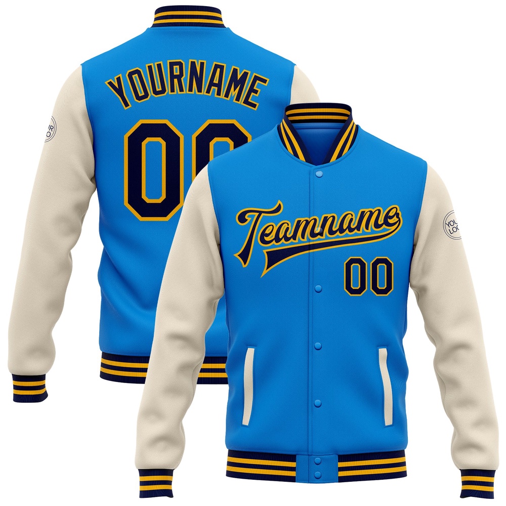 Custom Powder Blue Navy Cream Gold Bomber Full Snap Varsity Baseball Jacket, Custom Team Jacket Custom Powder Blue Navy Cream Gold Bomber Full Snap Varsity Baseball Jacket, Custom Team Jacket