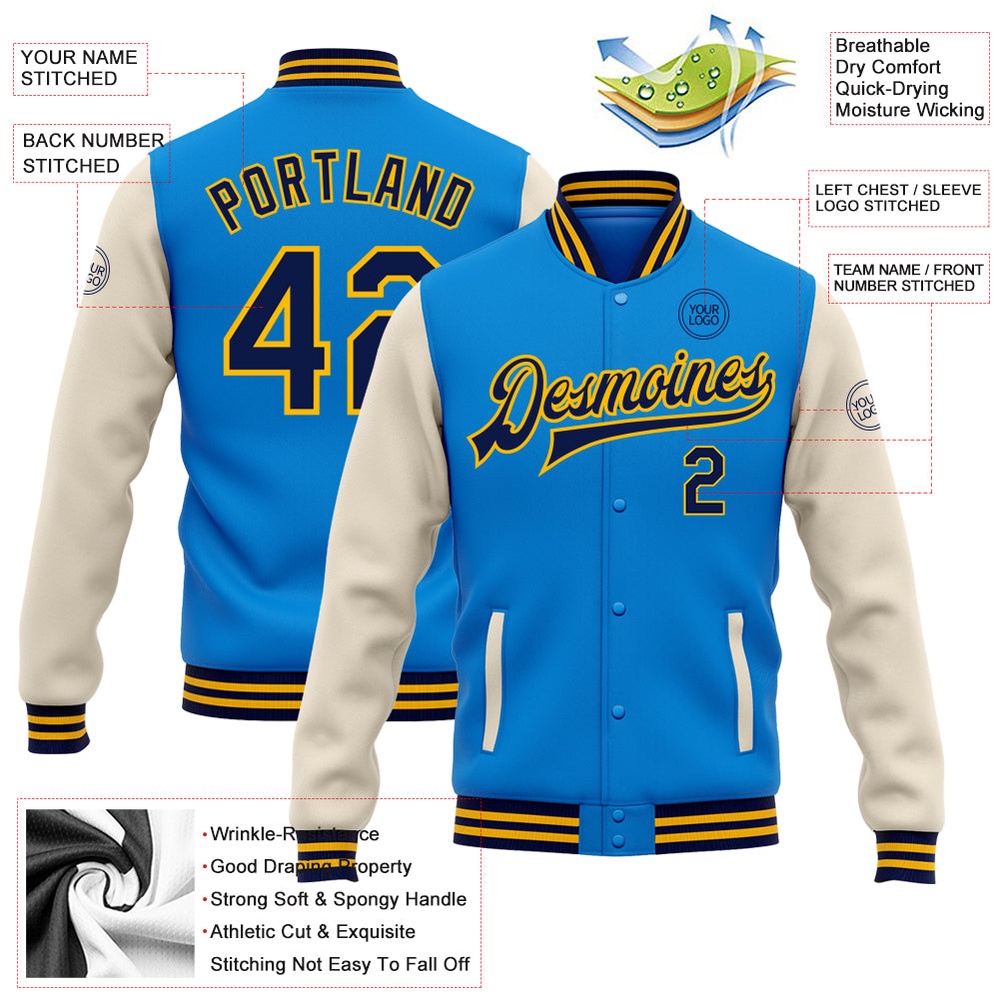 Custom Powder Blue Navy Cream Gold Bomber Full Snap Varsity Baseball Jacket, Custom Team Jacket Custom Powder Blue Navy Cream Gold Bomber Full Snap Varsity Baseball Jacket, Custom Team Jacket