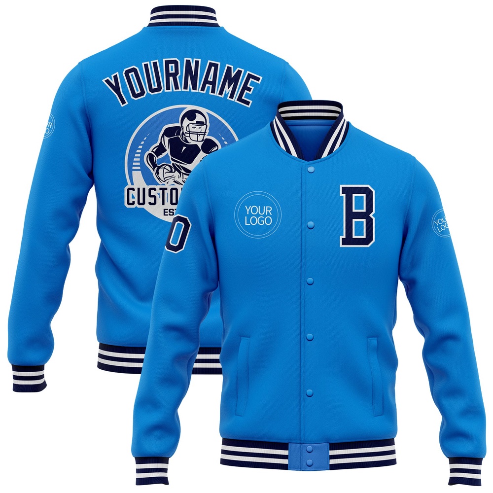 Custom Powder Blue Navy White Bomber Full Snap Baseball Jacket, Custom Team Jacket Custom Powder Blue Navy White Bomber Full Snap Baseball Jacket, Custom Team Jacket
