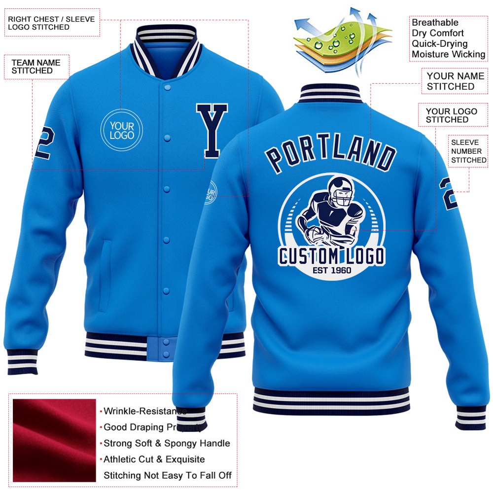 Custom Powder Blue Navy White Bomber Full Snap Baseball Jacket, Custom Team Jacket Custom Powder Blue Navy White Bomber Full Snap Baseball Jacket, Custom Team Jacket