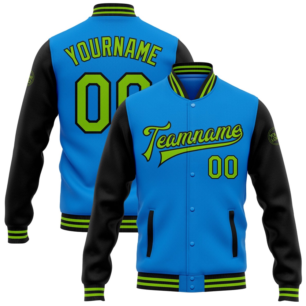 Custom Powder Blue Neon Green Black Bomber Full Snap Varsity Baseball Jacket, Custom Team Jacket Custom Powder Blue Neon Green Black Bomber Full Snap Varsity Baseball Jacket, Custom Team Jacket