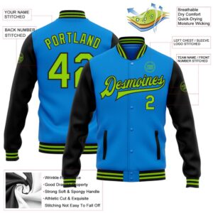 Custom Powder Blue Neon Green Black Bomber Full Snap Varsity Baseball Jacket Custom Team Jacket 2 iftb08.jpg