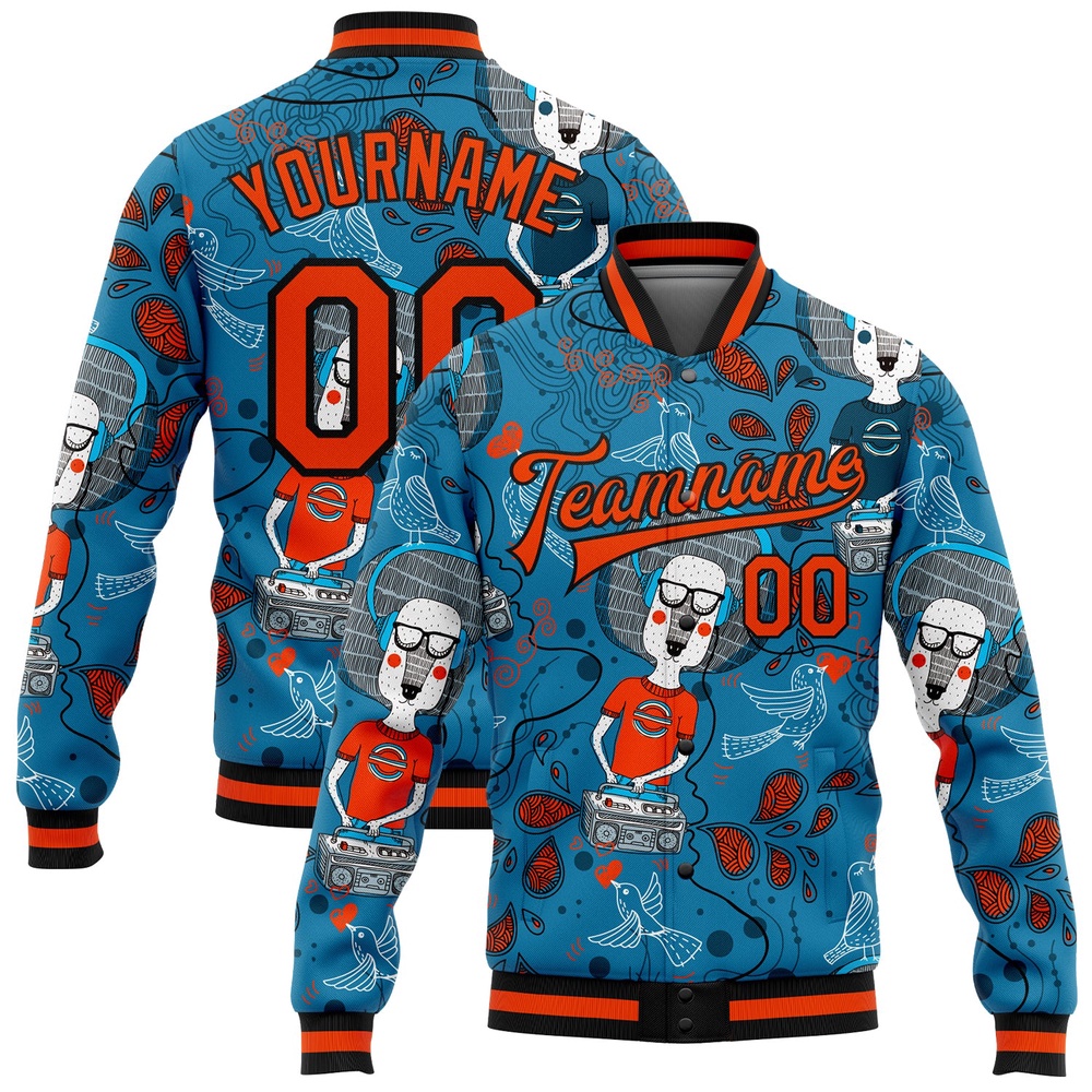 Custom Powder Blue Orange Black Casual Music Festival 3D Pattern Design Bomber Full Snap Baseball Jacket, Custom Team Jacket Custom Powder Blue Orange Black Casual Music Festival 3D Pattern Design Bomber Full Snap Baseball Jacket, Custom Team Jacket