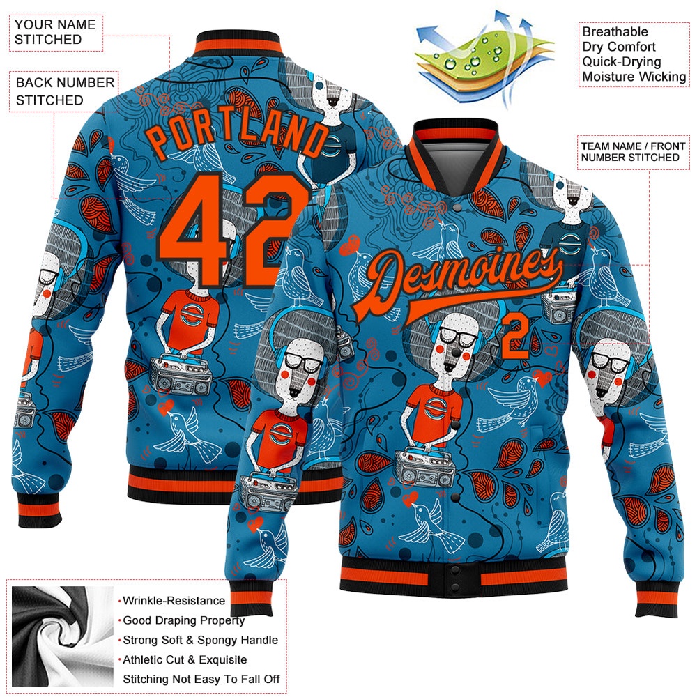Custom Powder Blue Orange Black Casual Music Festival 3D Pattern Design Bomber Full Snap Baseball Jacket, Custom Team Jacket Custom Powder Blue Orange Black Casual Music Festival 3D Pattern Design Bomber Full Snap Baseball Jacket, Custom Team Jacket