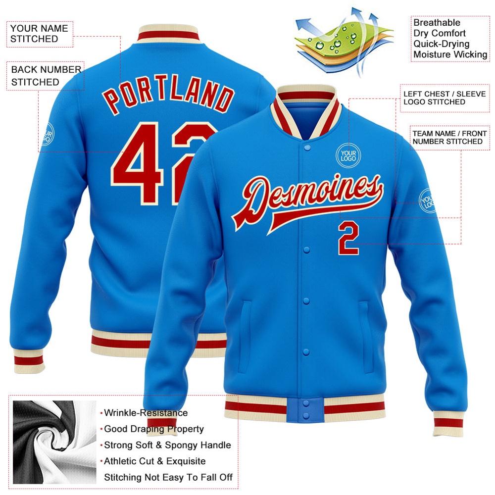 Custom Powder Blue Red Cream Bomber Full Snap Baseball Jacket, Custom Team Jacket Custom Powder Blue Red Cream Bomber Full Snap Baseball Jacket, Custom Team Jacket