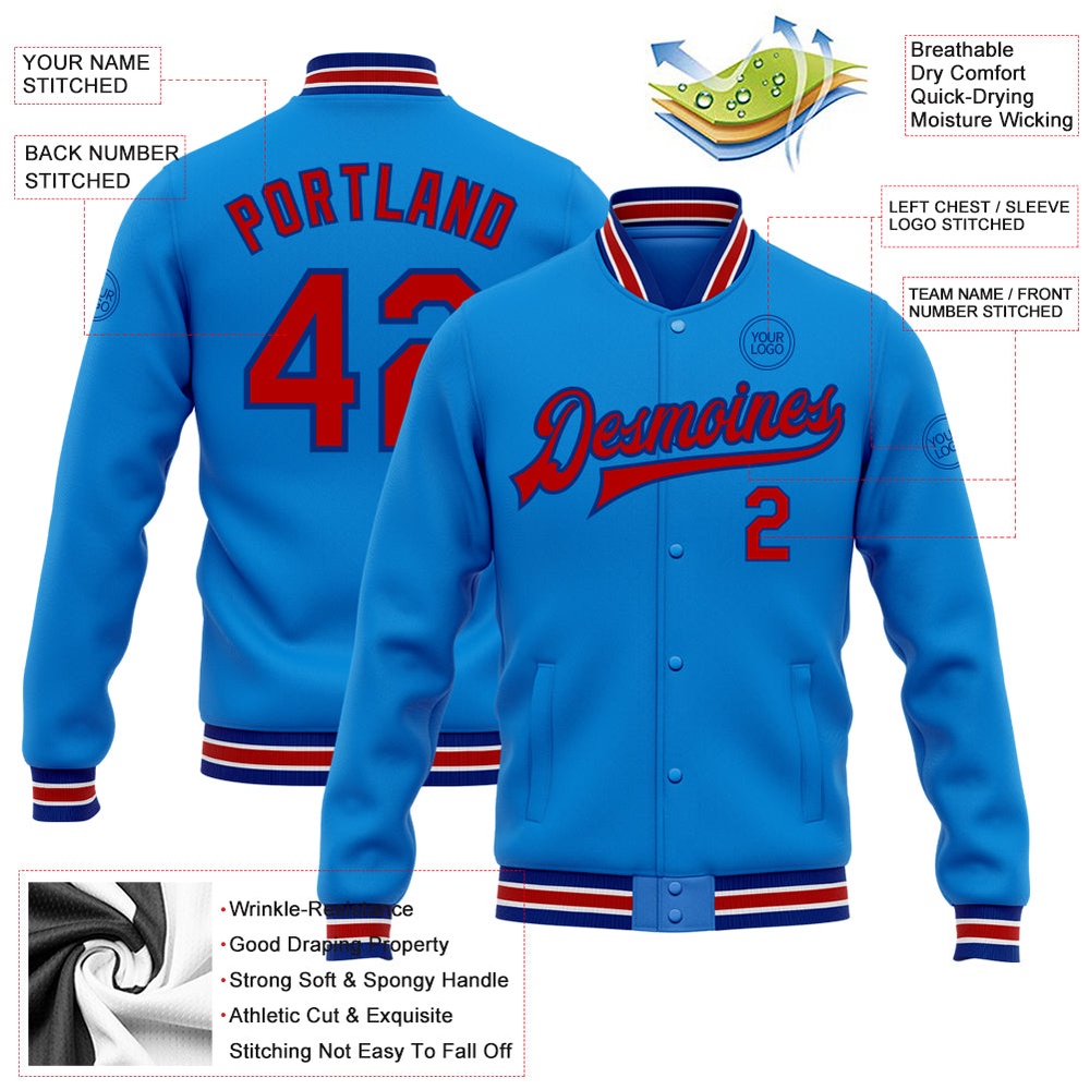 Custom Powder Blue Red Royal Bomber Full Snap Baseball Jacket, Custom Team Jacket Custom Powder Blue Red Royal Bomber Full Snap Baseball Jacket, Custom Team Jacket