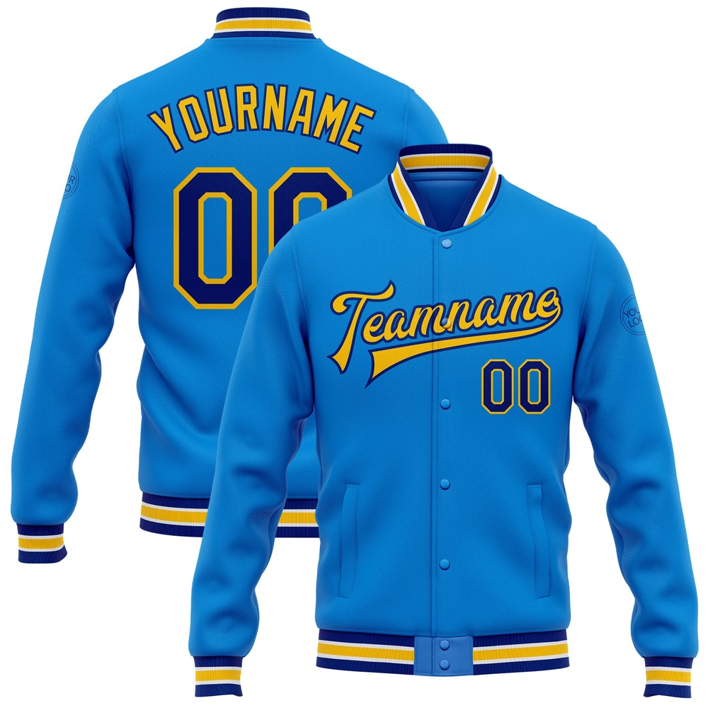 Custom Powder Blue Royal Yellow Bomber Full Snap Baseball Jacket, Custom Team Jacket Custom Powder Blue Royal Yellow Bomber Full Snap Baseball Jacket, Custom Team Jacket