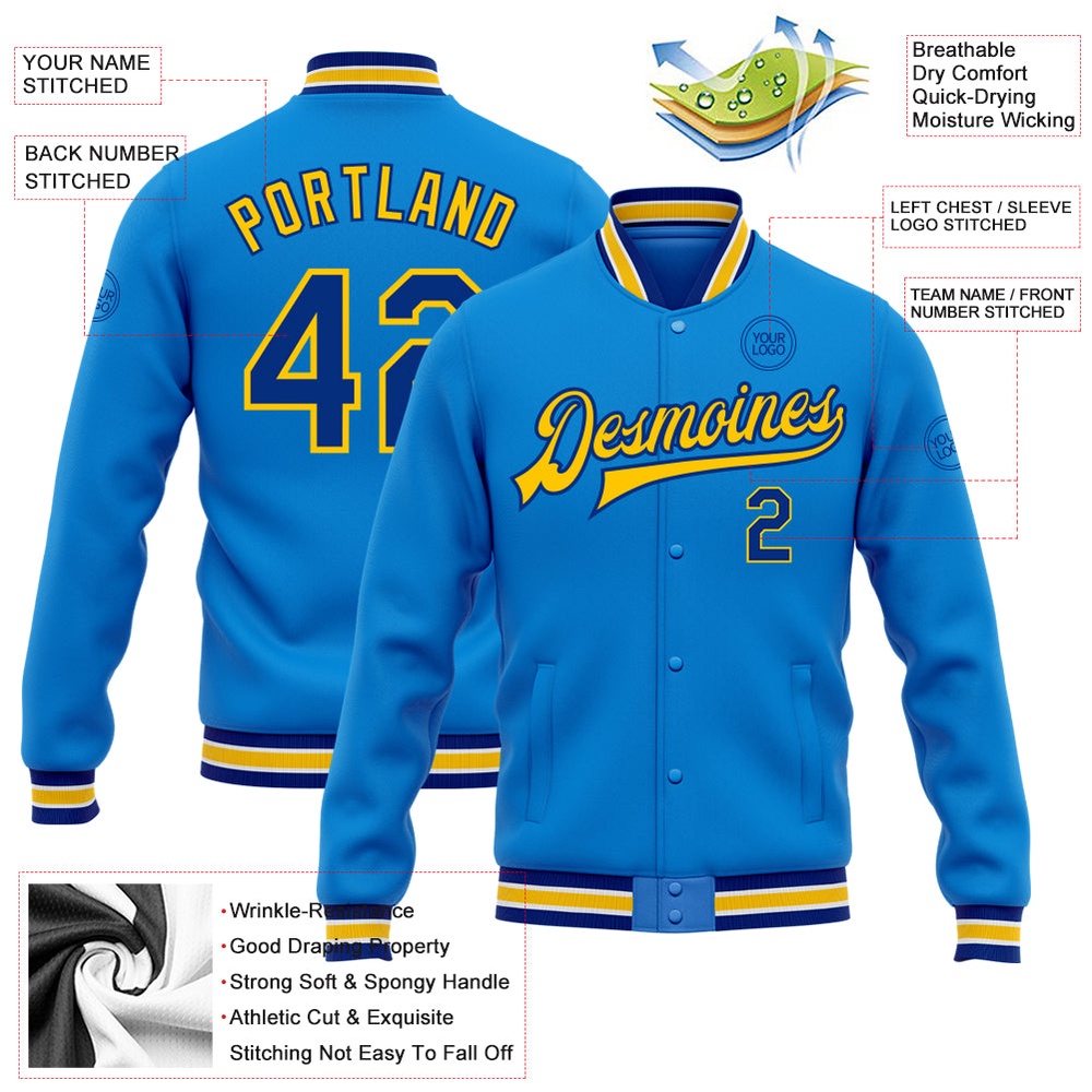 Custom Powder Blue Royal Yellow Bomber Full Snap Baseball Jacket, Custom Team Jacket Custom Powder Blue Royal Yellow Bomber Full Snap Baseball Jacket, Custom Team Jacket
