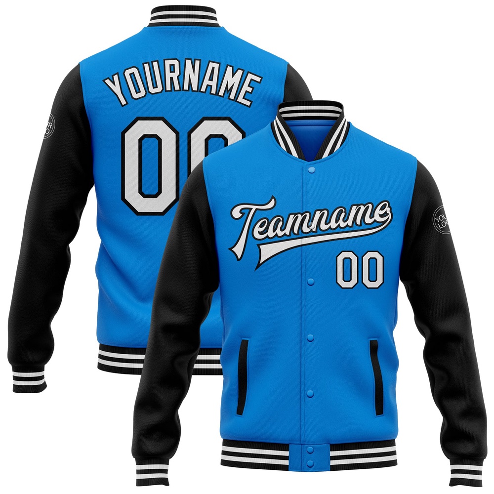 Custom Powder Blue White Black Bomber Full Snap Varsity Baseball Jacket, Custom Team Jacket Custom Powder Blue White Black Bomber Full Snap Varsity Baseball Jacket, Custom Team Jacket