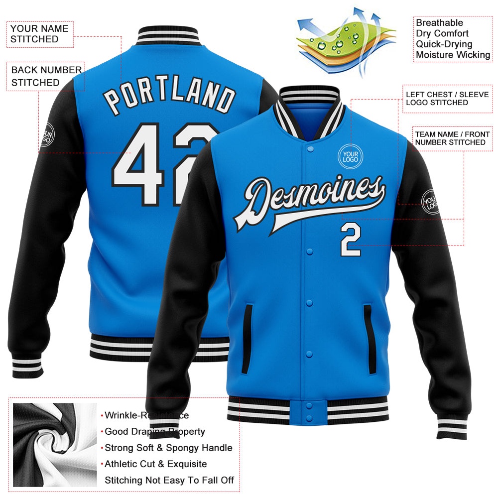 Custom Powder Blue White Black Bomber Full Snap Varsity Baseball Jacket, Custom Team Jacket Custom Powder Blue White Black Bomber Full Snap Varsity Baseball Jacket, Custom Team Jacket