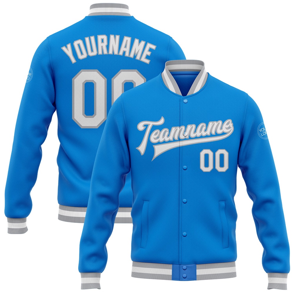Custom Powder Blue White Gray Bomber Full Snap Baseball Jacket, Custom Team Jacket Custom Powder Blue White Gray Bomber Full Snap Baseball Jacket, Custom Team Jacket