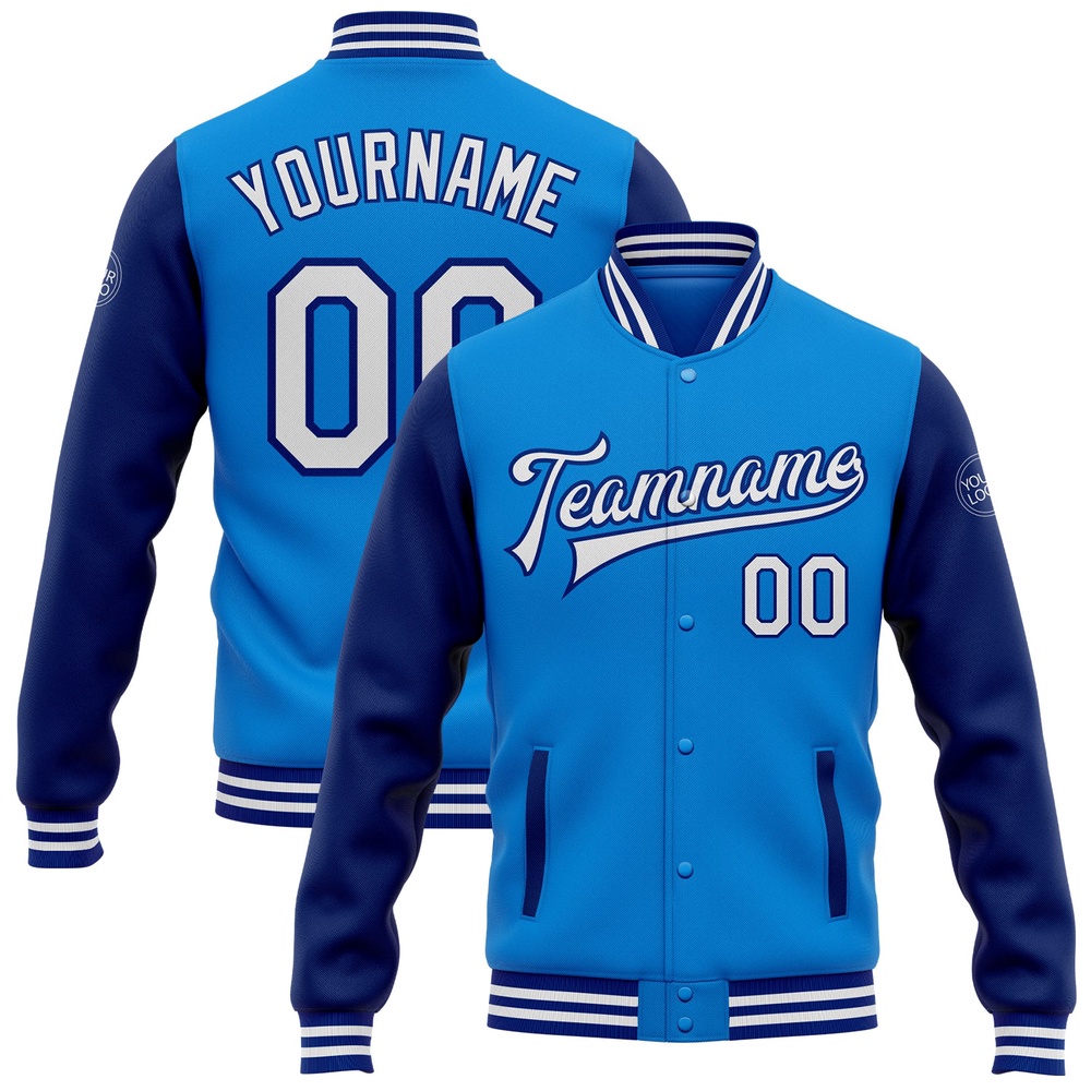 Custom Powder Blue White Royal Bomber Full Snap Varsity Baseball Jacket, Custom Team Jacket Custom Powder Blue White Royal Bomber Full Snap Varsity Baseball Jacket, Custom Team Jacket