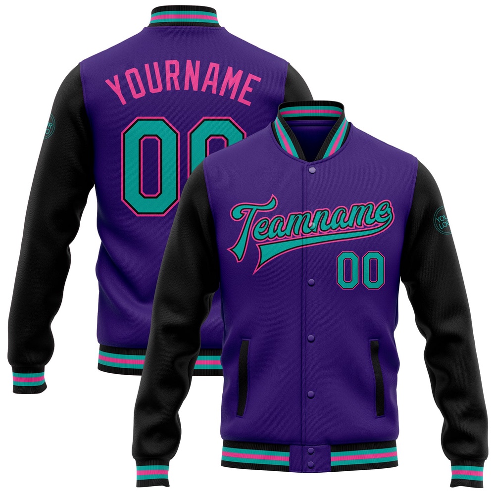 Custom Purple Aqua Black Pink Bomber Full Snap Varsity Baseball Jacket, Custom Team Jacket Custom Purple Aqua Black Pink Bomber Full Snap Varsity Baseball Jacket, Custom Team Jacket