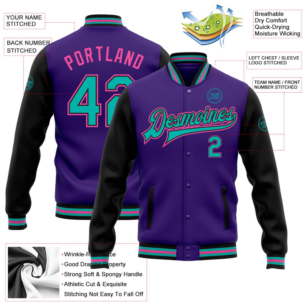 Custom Purple Aqua Black Pink Bomber Full Snap Varsity Baseball Jacket, Custom Team Jacket Custom Purple Aqua Black Pink Bomber Full Snap Varsity Baseball Jacket, Custom Team Jacket