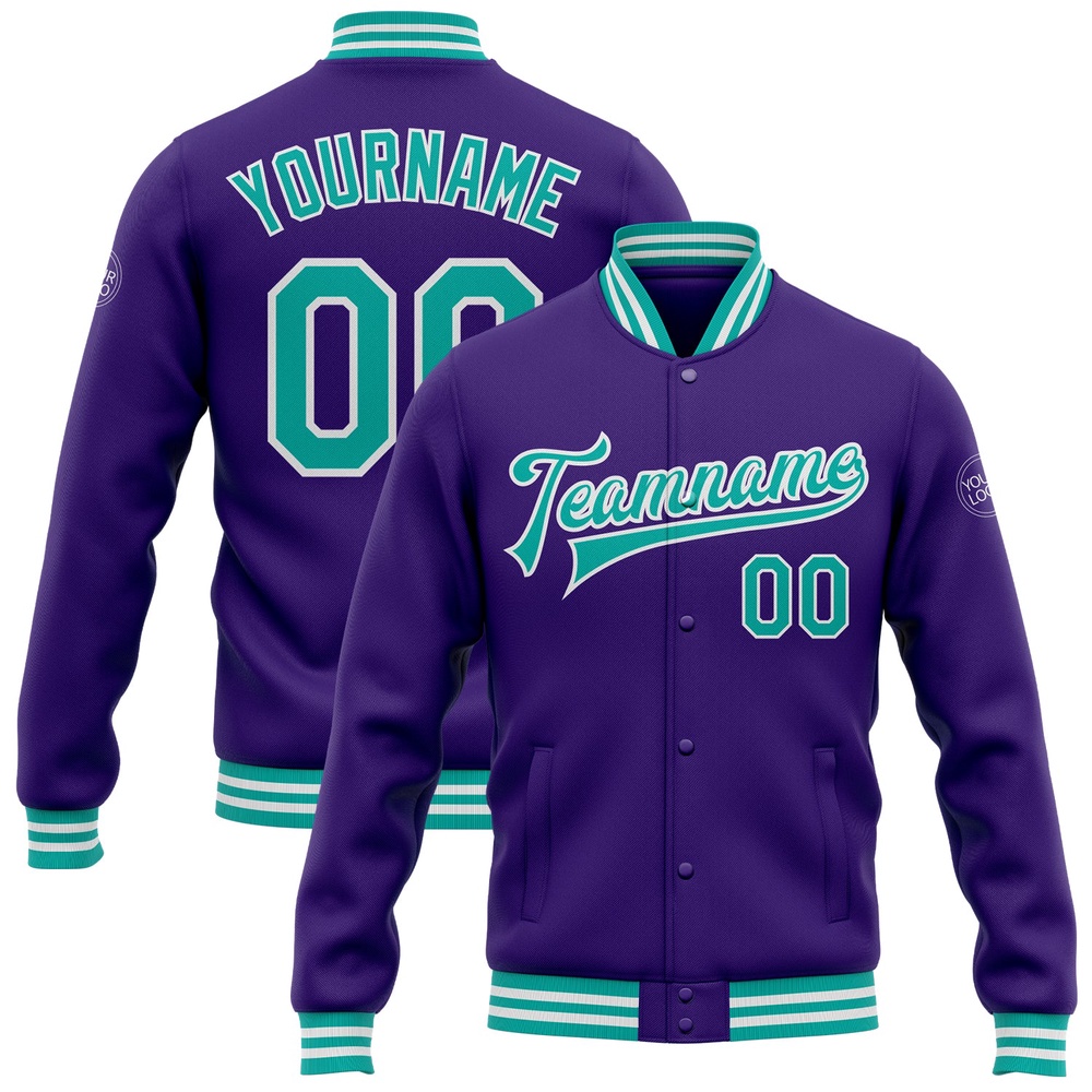 Custom Purple Aqua White Bomber Full Snap Baseball Jacket, Custom Team Jacket