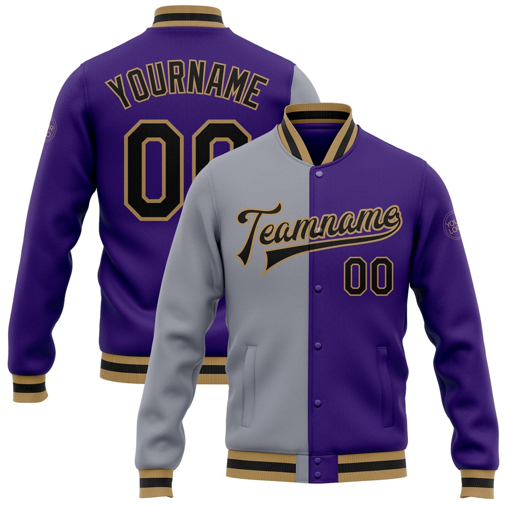 Custom Purple Black Gray Old Gold Bomber Full Snap Varsity Letterman Split Fashion Jacket, Custom Team Jacket