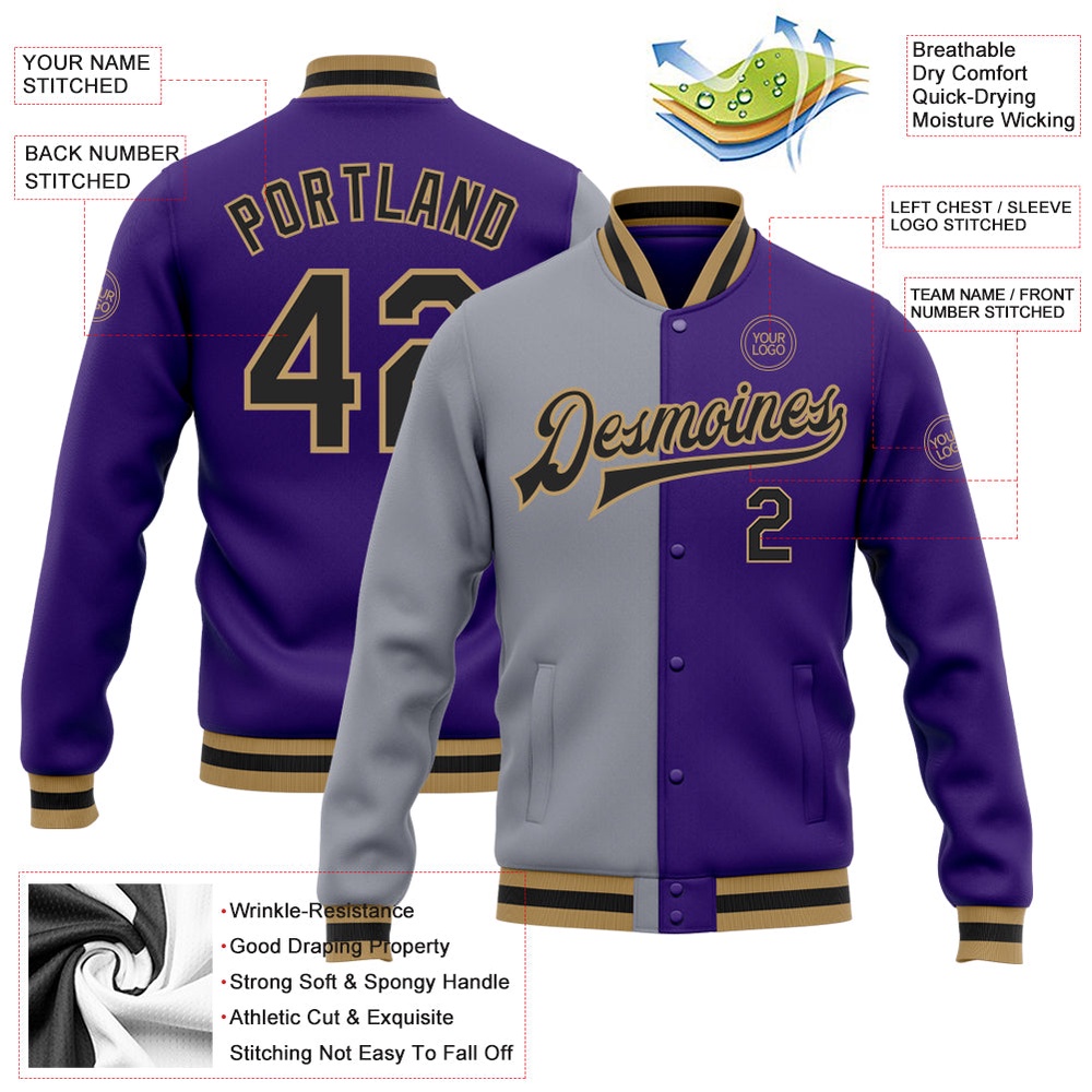 Custom Purple Black Gray Old Gold Bomber Full Snap Varsity Letterman Split Fashion Jacket, Custom Team Jacket