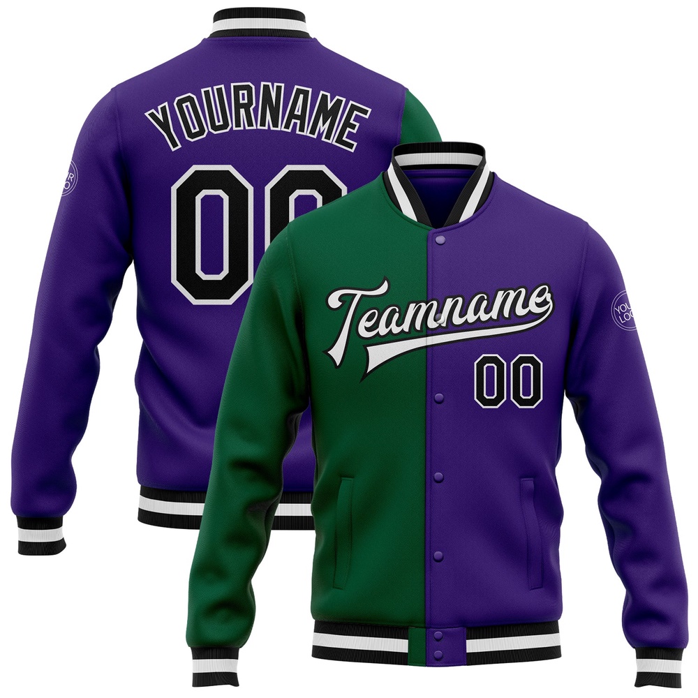 Custom Purple Black Kelly Green Bomber Full Snap Varsity Letterman Split Fashion Jacket, Custom Team Jacket
